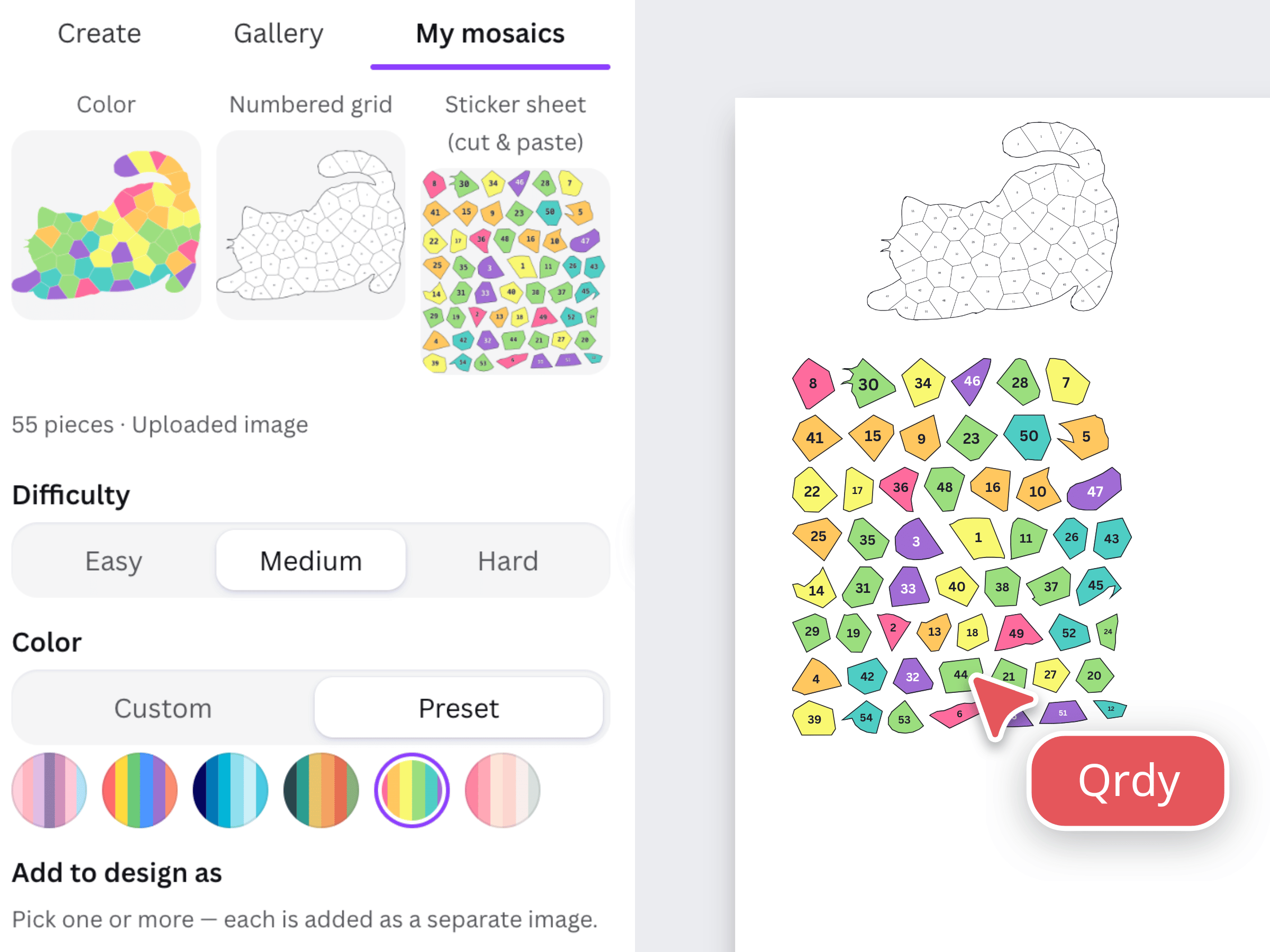 the app panel right after the first generate completes — three preview tiles in a row, the Difficulty / Color controls visible, and "Add to design" as the primary button.